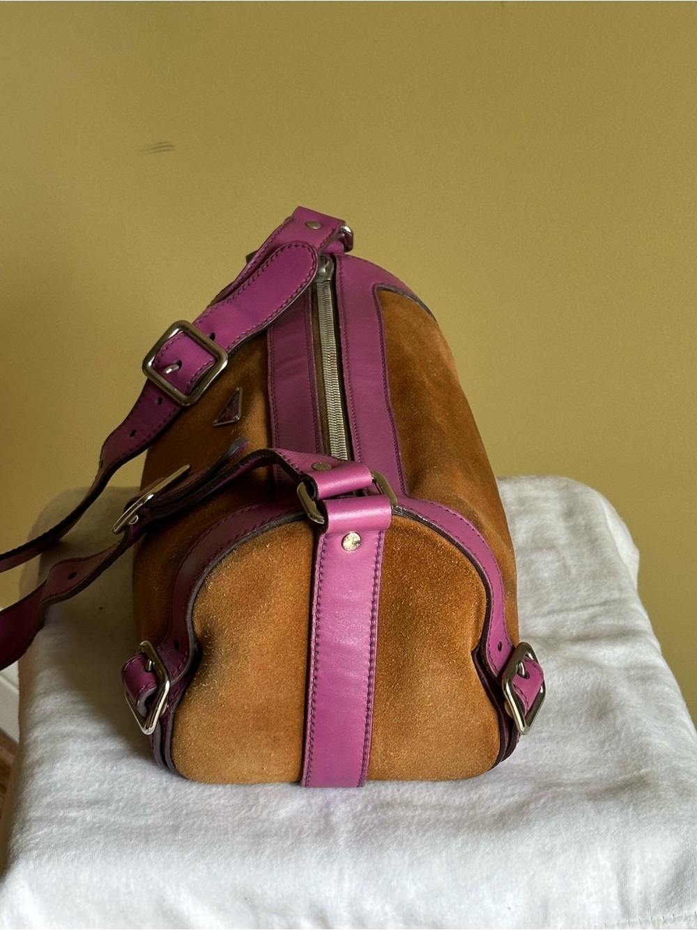 Prada Brown Suede Pink Leather Barrel Bag - Picture 6 of 17